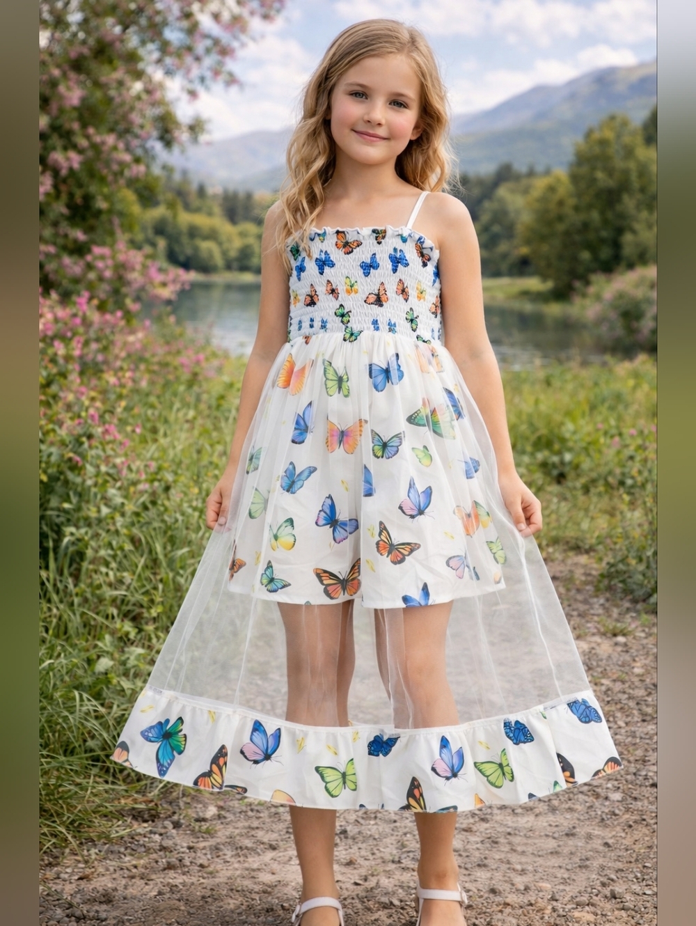 Girls Butterfly Mesh Overlay Romper Dress Size 11Y White Multicolor Summer Party